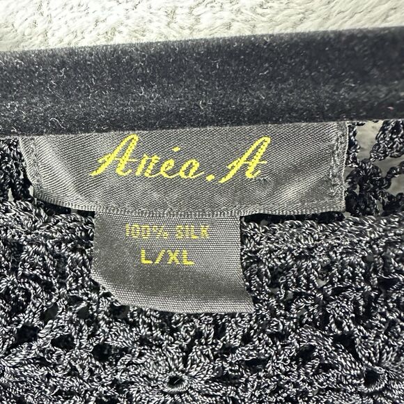 Whimsigoth Black Crochet Lace Silk Top L/XL Tiered Ruffle Fairy Boho Festival - Picture 2 of 7